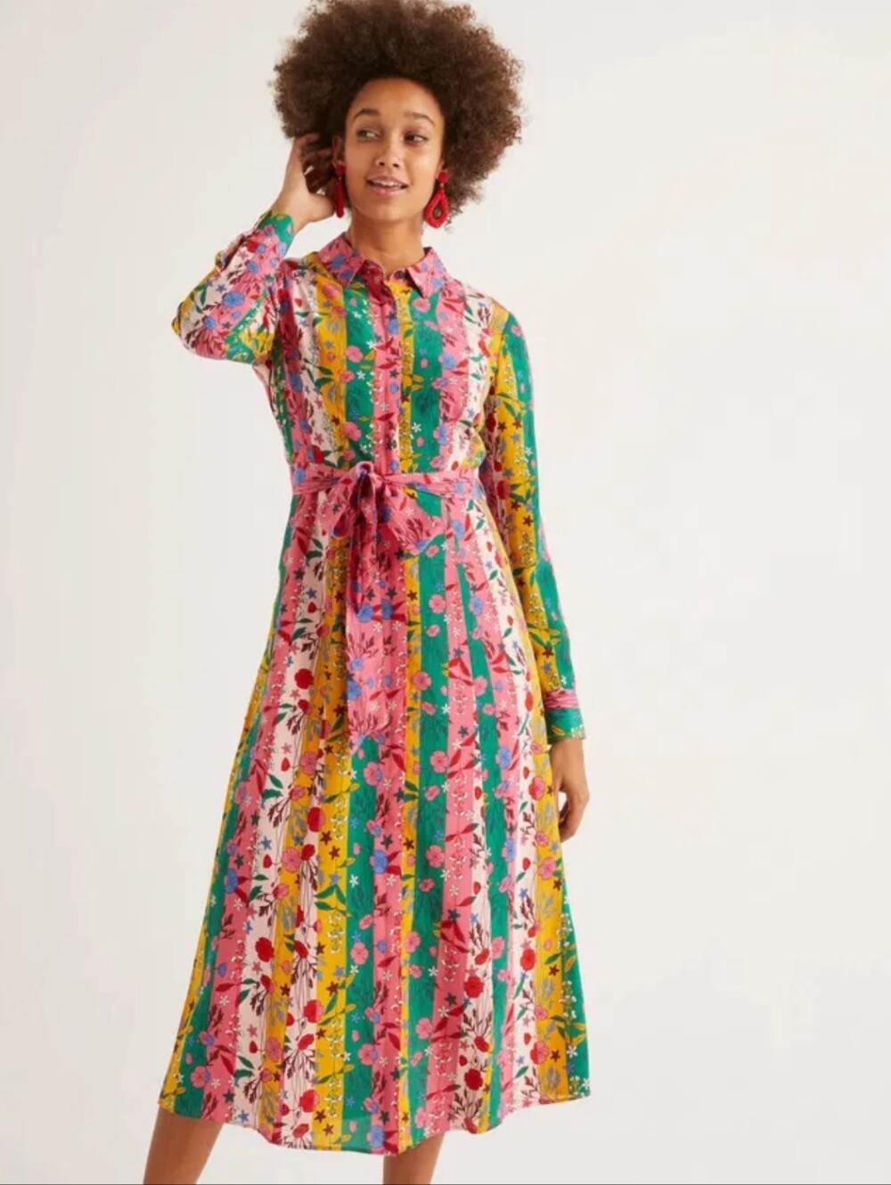BODEN Orella 100% Silk Belted Shirt Dress - Bright Camelia Garden Charm - Picture 2 of 6